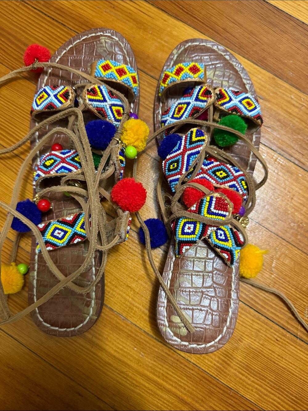 Sam Edelman Multicolor Beaded Pom Pom Gladiator Sandals